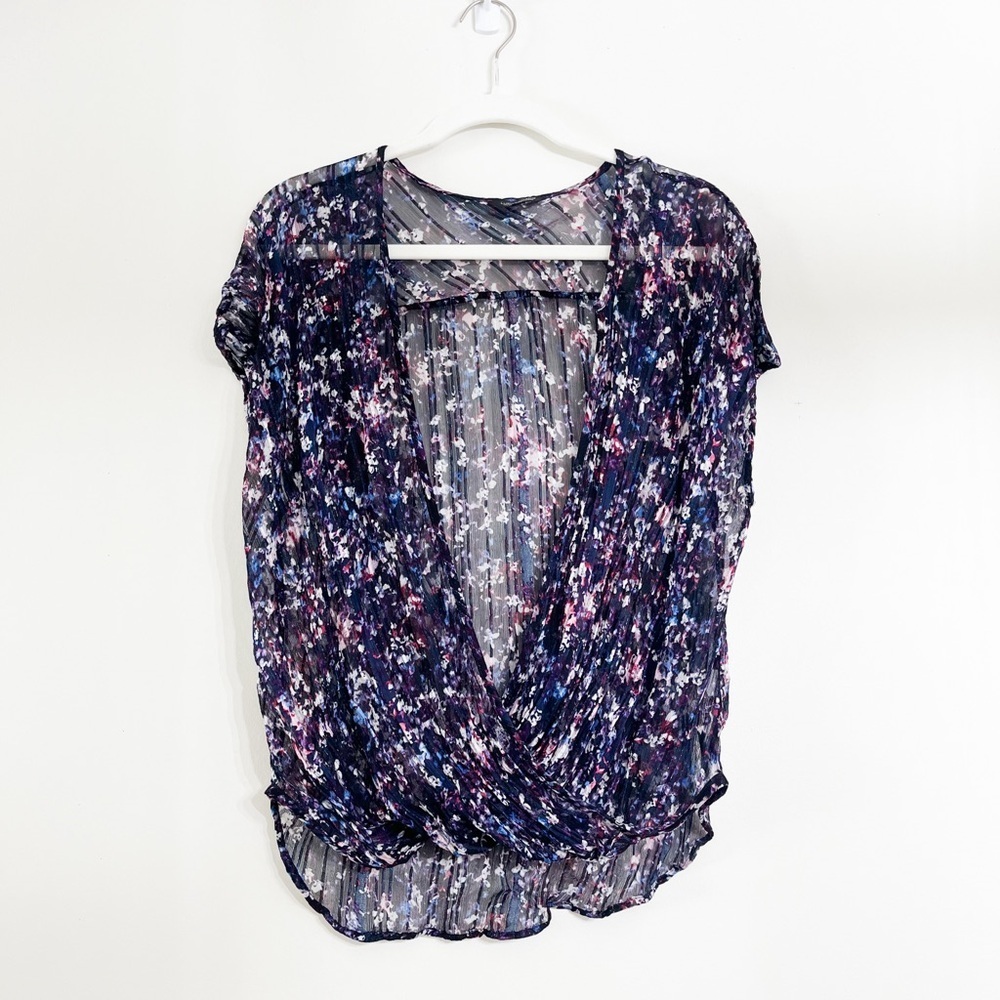 Lucky Brand Women’s Sleeveless Wrap Top Size M Floral Print Blue Sheer‎ High Low